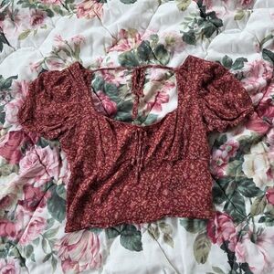 American Eagle Red Floral Puff Sleeve Tie Front Crop Top Small Cottagecore Y2K